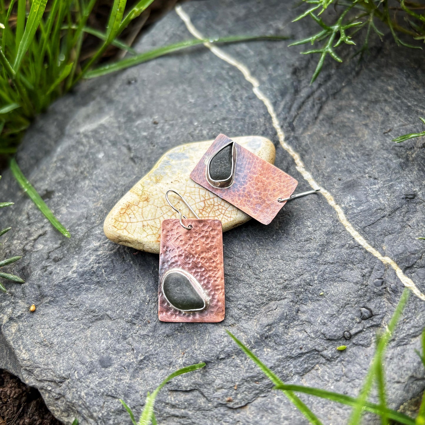 Rustic Deep Green Sea Glass Earrings