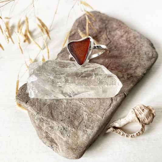 Amber Heart Sea Glass Ring