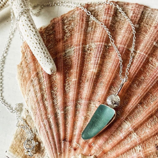 Aqua Sea Glass Shell Necklace