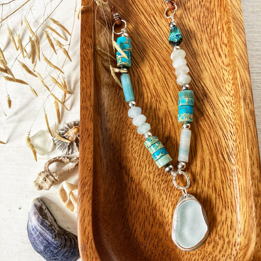 Blue Beaded Sea Glass Necklace