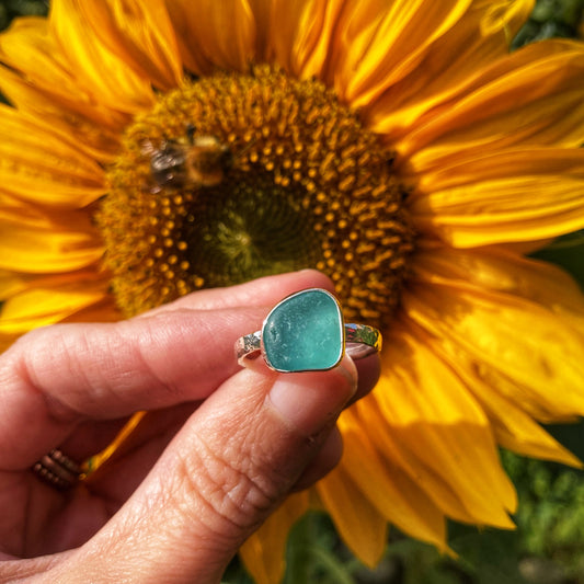 Turquoise Waters Sea Glass Ring Size UK/AUS M