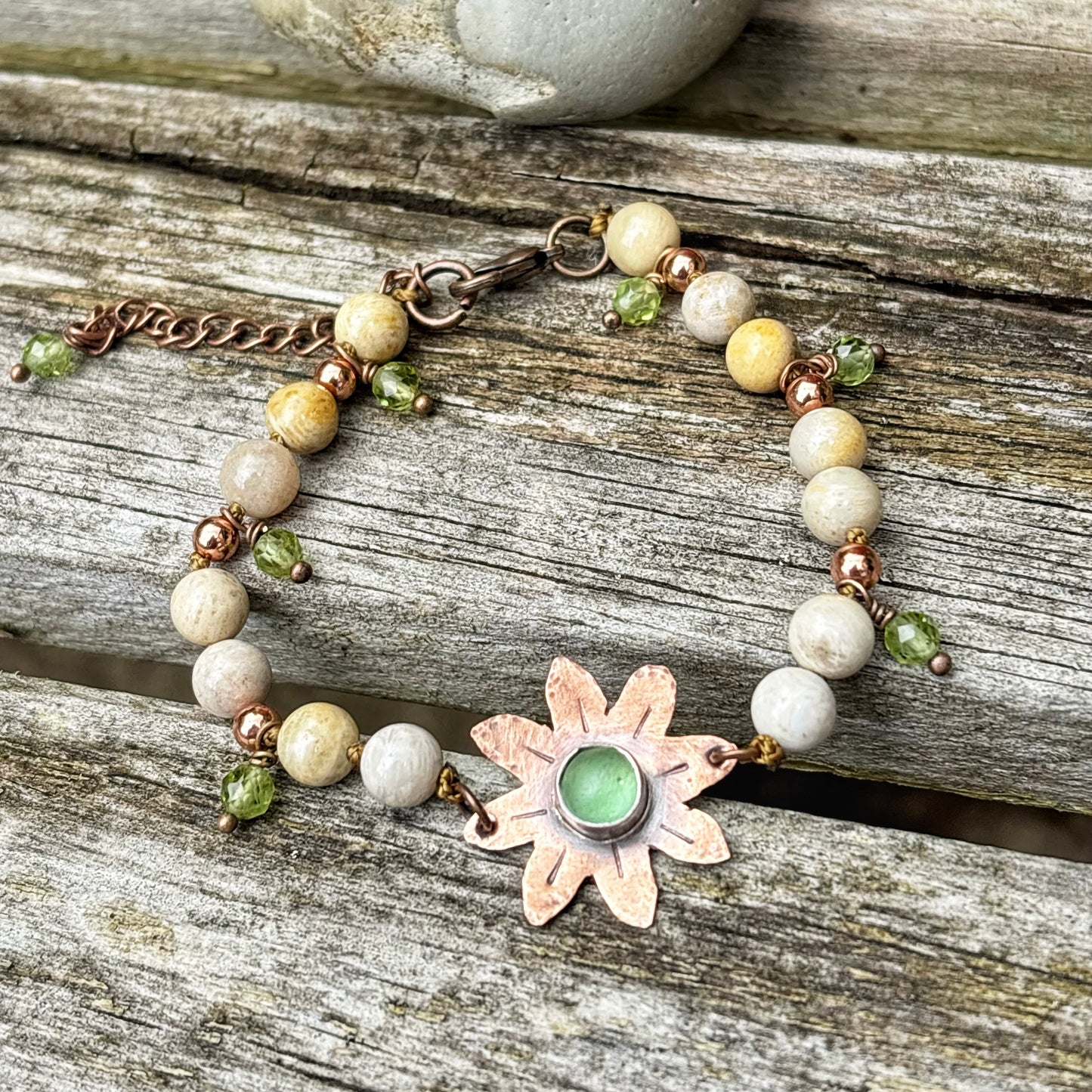 Green Sea Glass Flower Bracelet