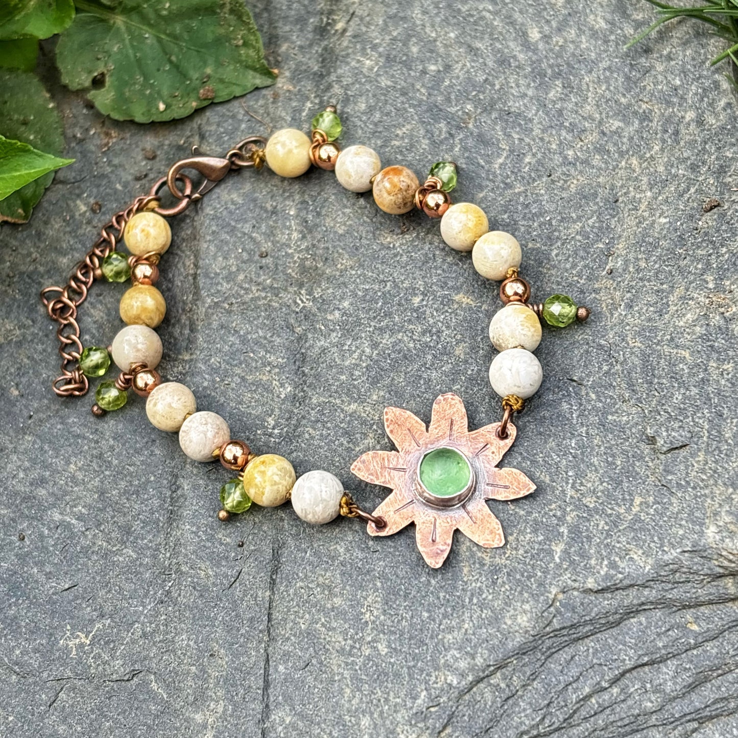 Green Sea Glass Flower Bracelet