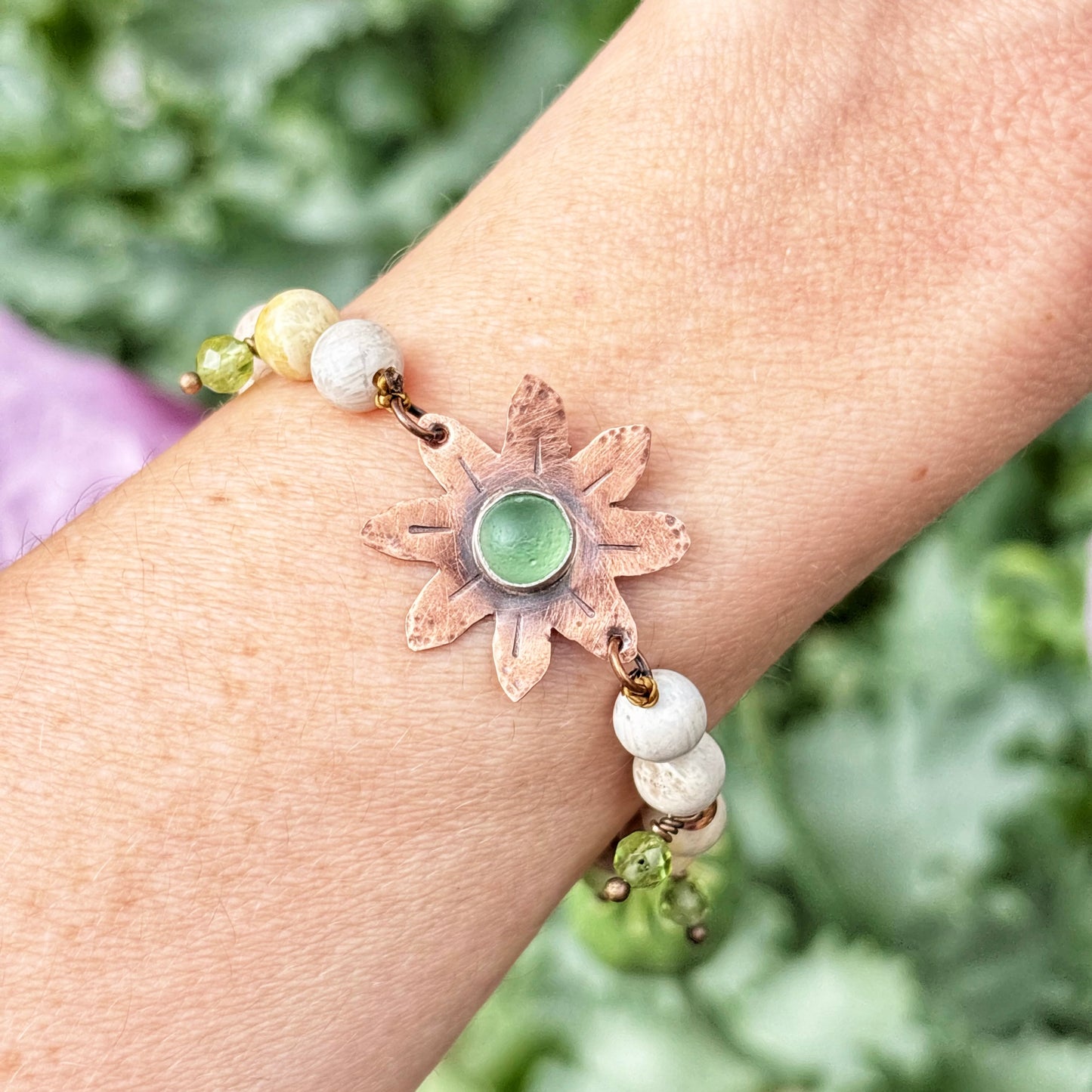 Green Sea Glass Flower Bracelet