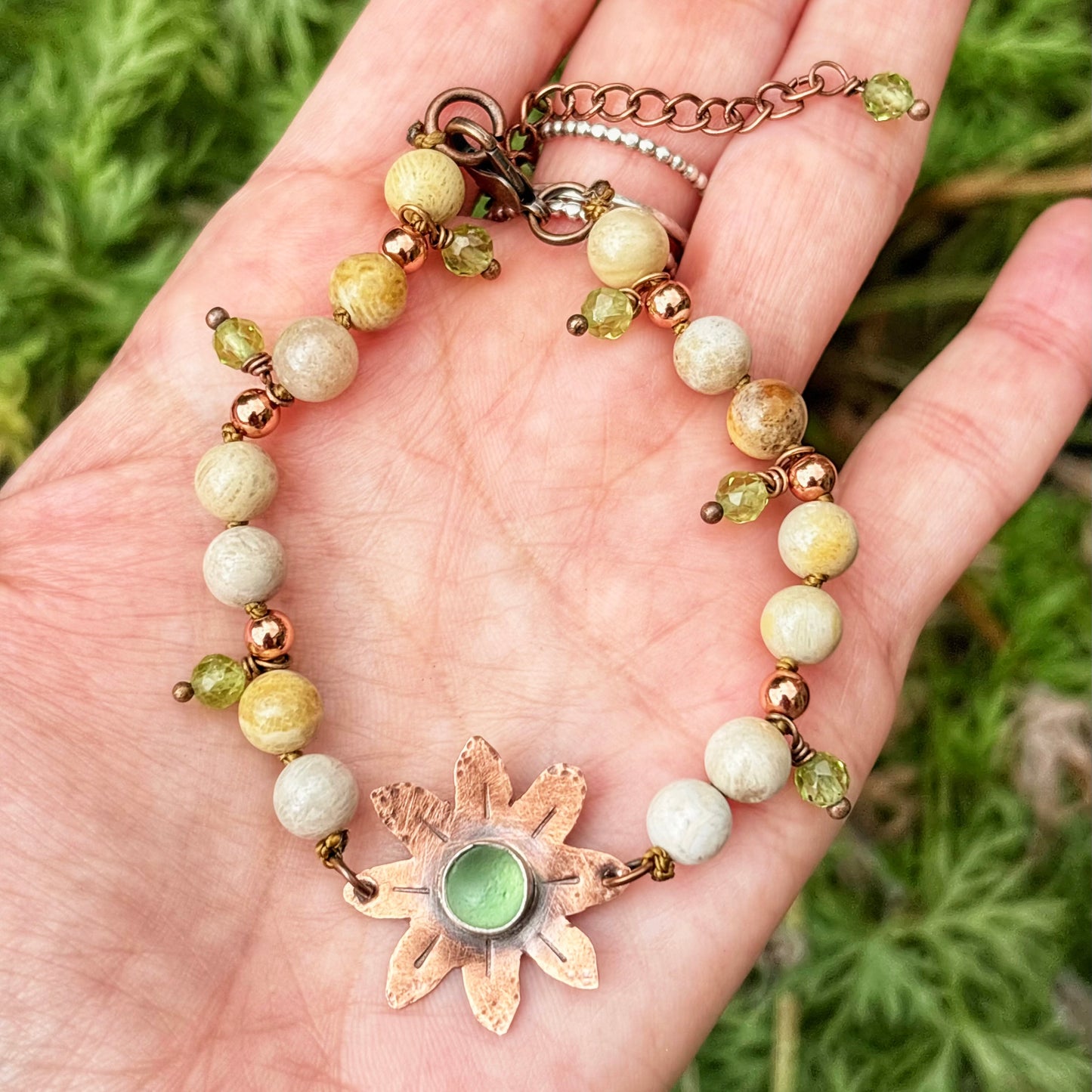 Green Sea Glass Flower Bracelet