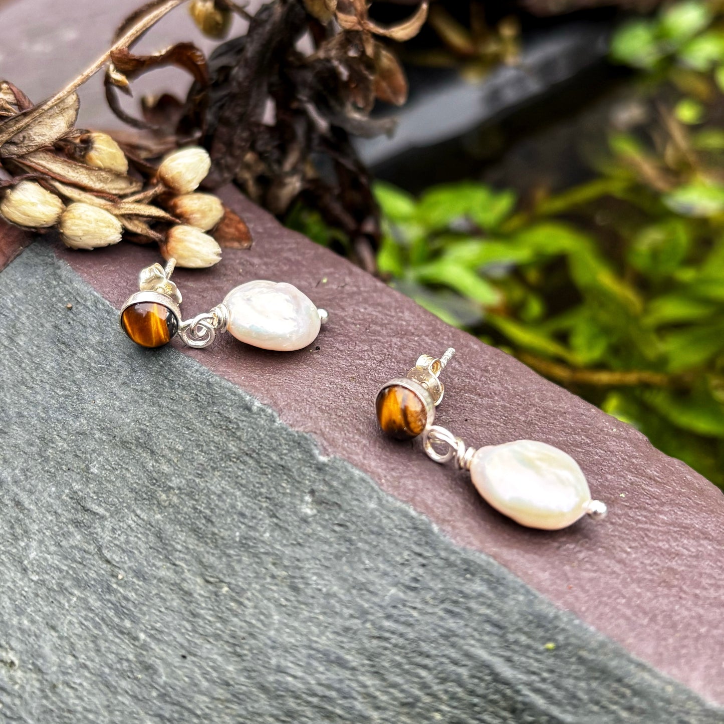Pearly Tiger Eye Earrings