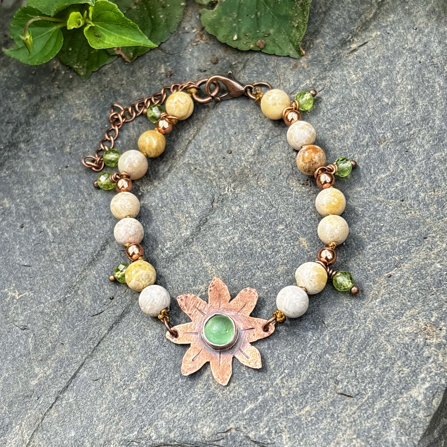 Green Sea Glass Flower Bracelet