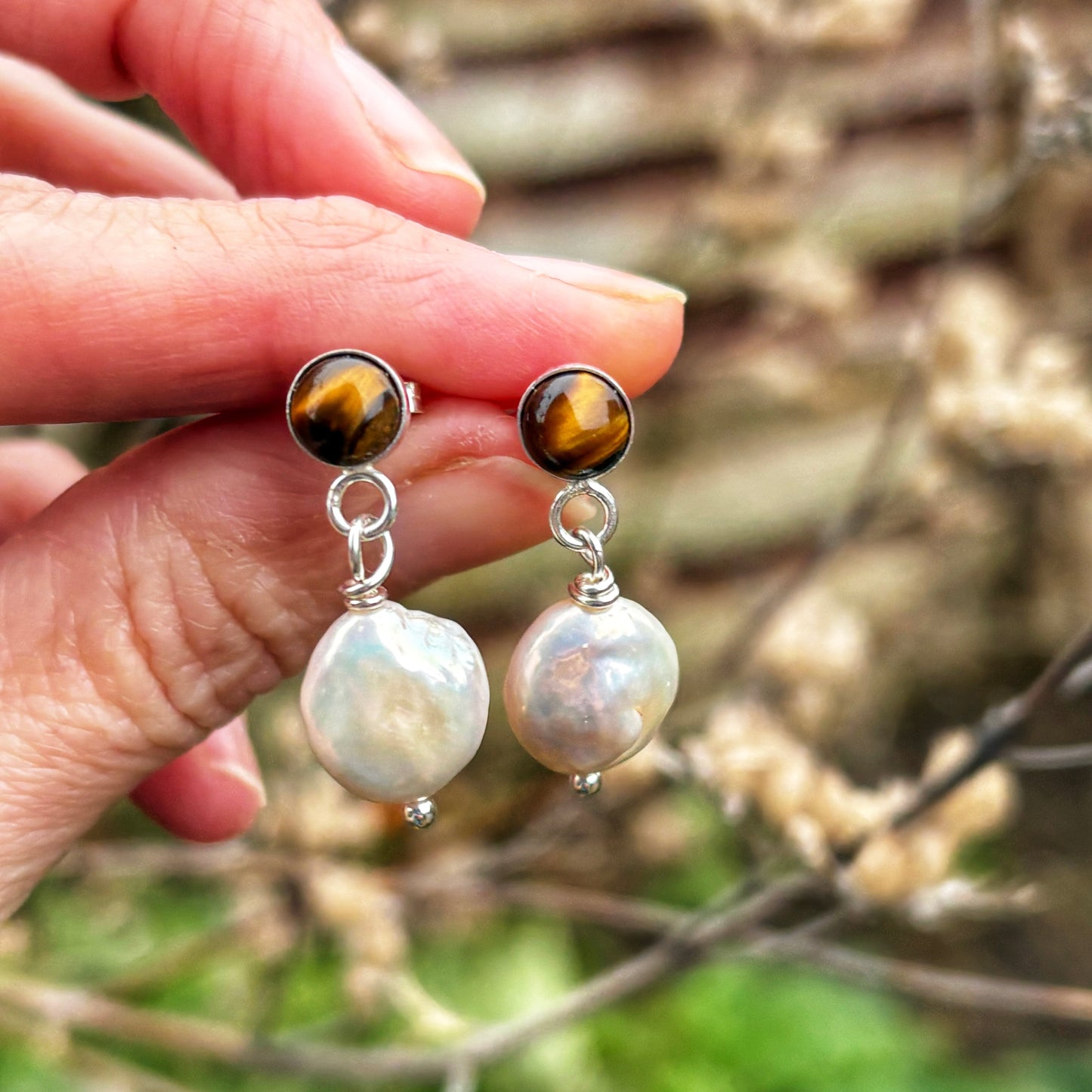 Pearly Tiger Eye Earrings