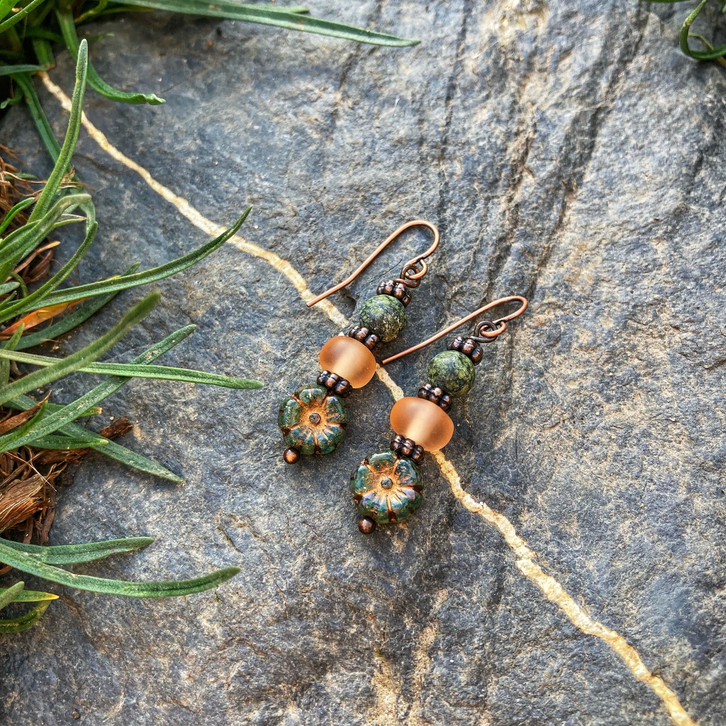 Green and Peach Flower Earrings