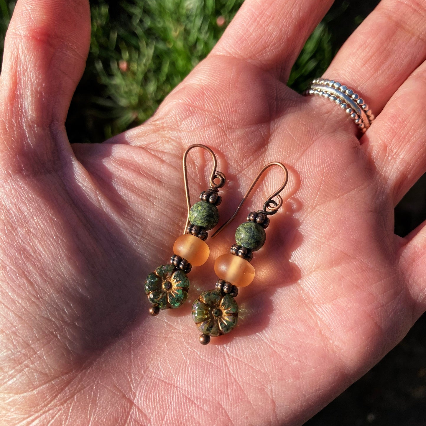 Green and Peach Flower Earrings
