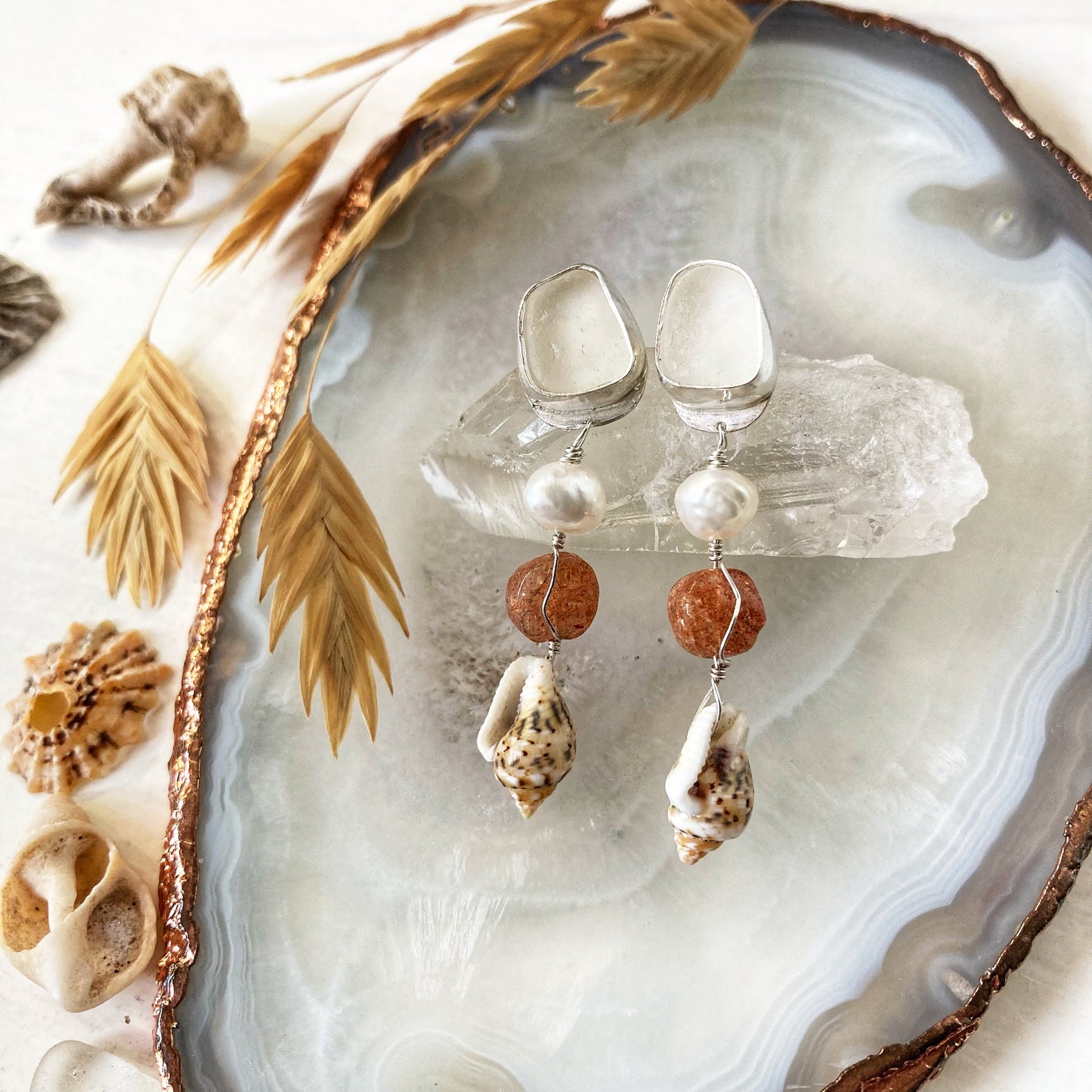 Sea Glass and Natural Shell Stud Earrings