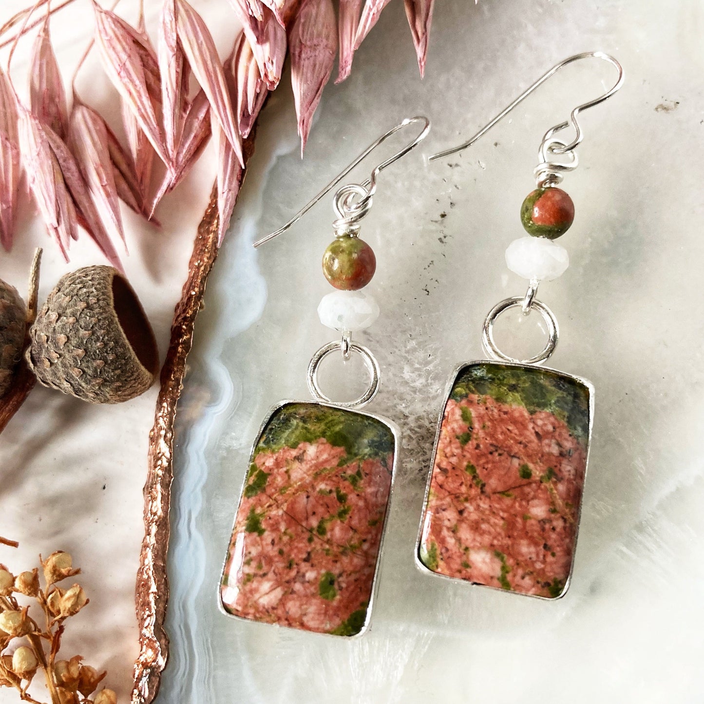 Bezel Set Unakite Earrings